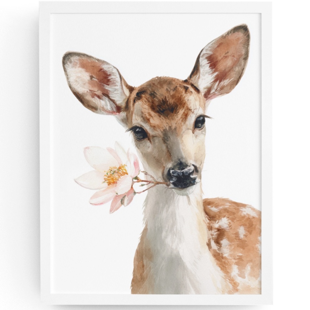 Watercolor Cute Deer Portrait Illustration Wall Art Print Poster, Unframed